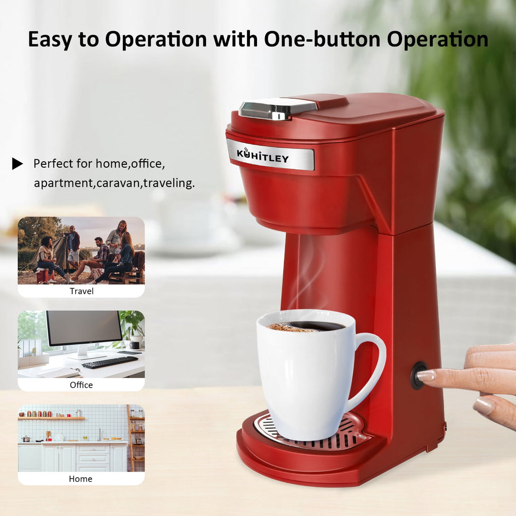 2 in 1 Single Serve Coffee Maker for K Cup Pods & Ground Coffee - Mini K Cup Coffee Machine with 6 to 14 oz Brew Sizes, Single Cup Coffee Brewer with One-Press Fast Brewing, Reusable Filters, Red