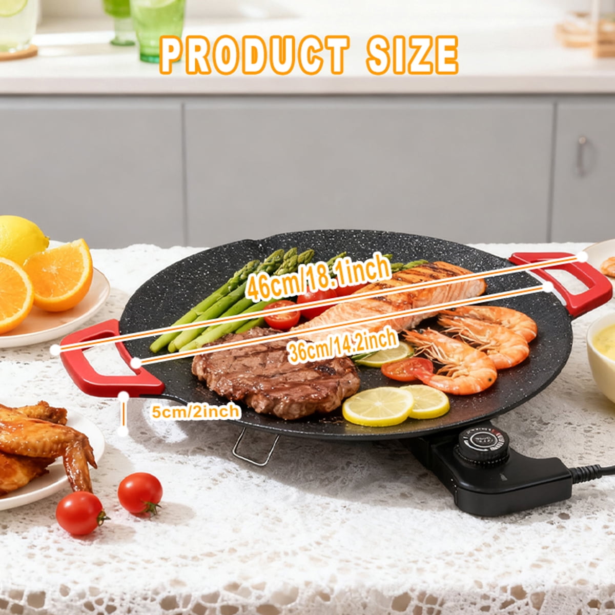 Electric Indoor Grill - 14 inch Nonstick Smokeless Round Griddle with Temperature Control for Kitchen BBQ Steak Pancakes