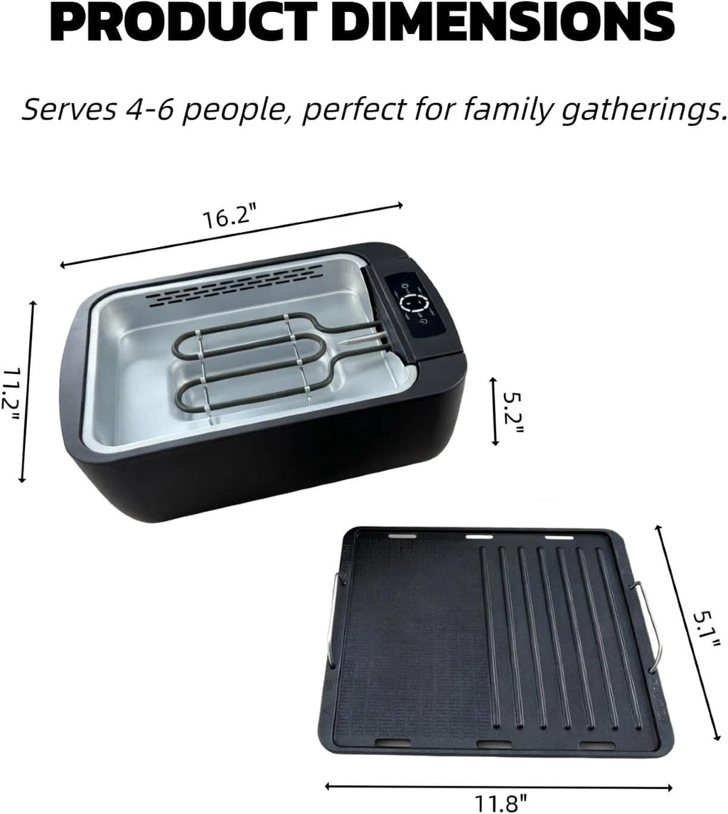 Indoor Smokeless Grill - 1100W Non-stick Table Top Electric Gill for BBQ and Indoor Grilling, 6-Speed Temperature Control Fast Heat Up, Dishwasher Safe, Serves 4-6 people, 16.2x11.2in