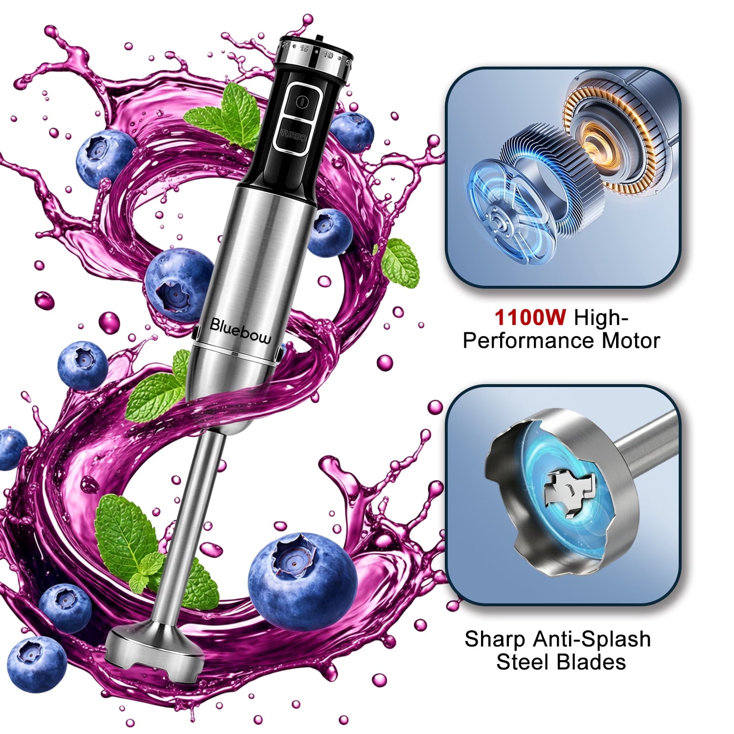 Bluebow Immersion Blender Handheld - 1100W 25 Speed 5-in-1 Stainless Steel Hand Blender with Turbo Mode, Scratch-Resistant Stick Blender for Kitchen Use, Purees Soups Smoothies, Black