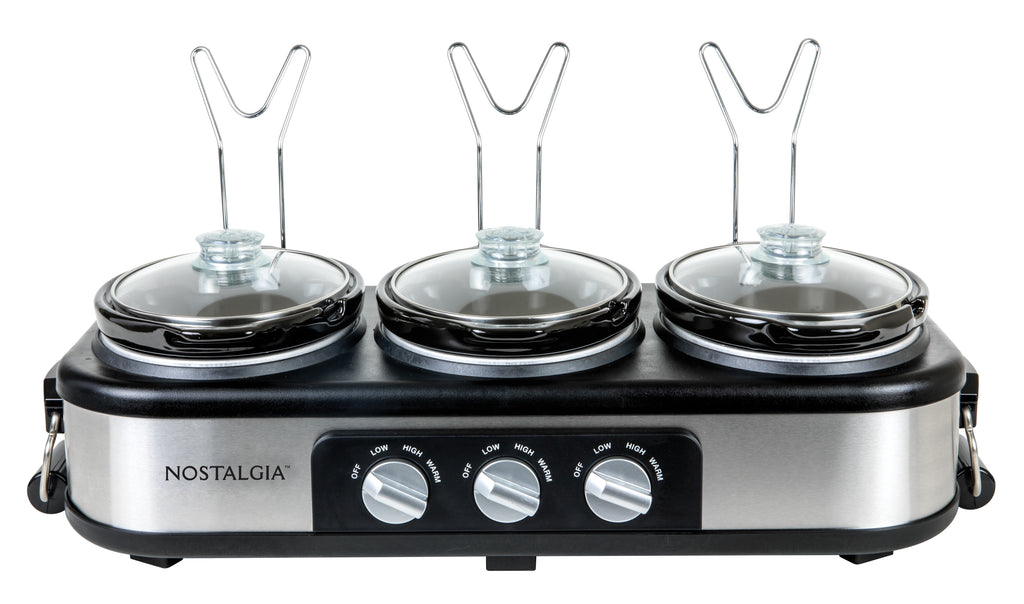 Nostalgia 1.5 qt Triple Slow Cooker - 3 Crock Pot Buffet Server with Removable Ceramic Pots, Stainless Steel