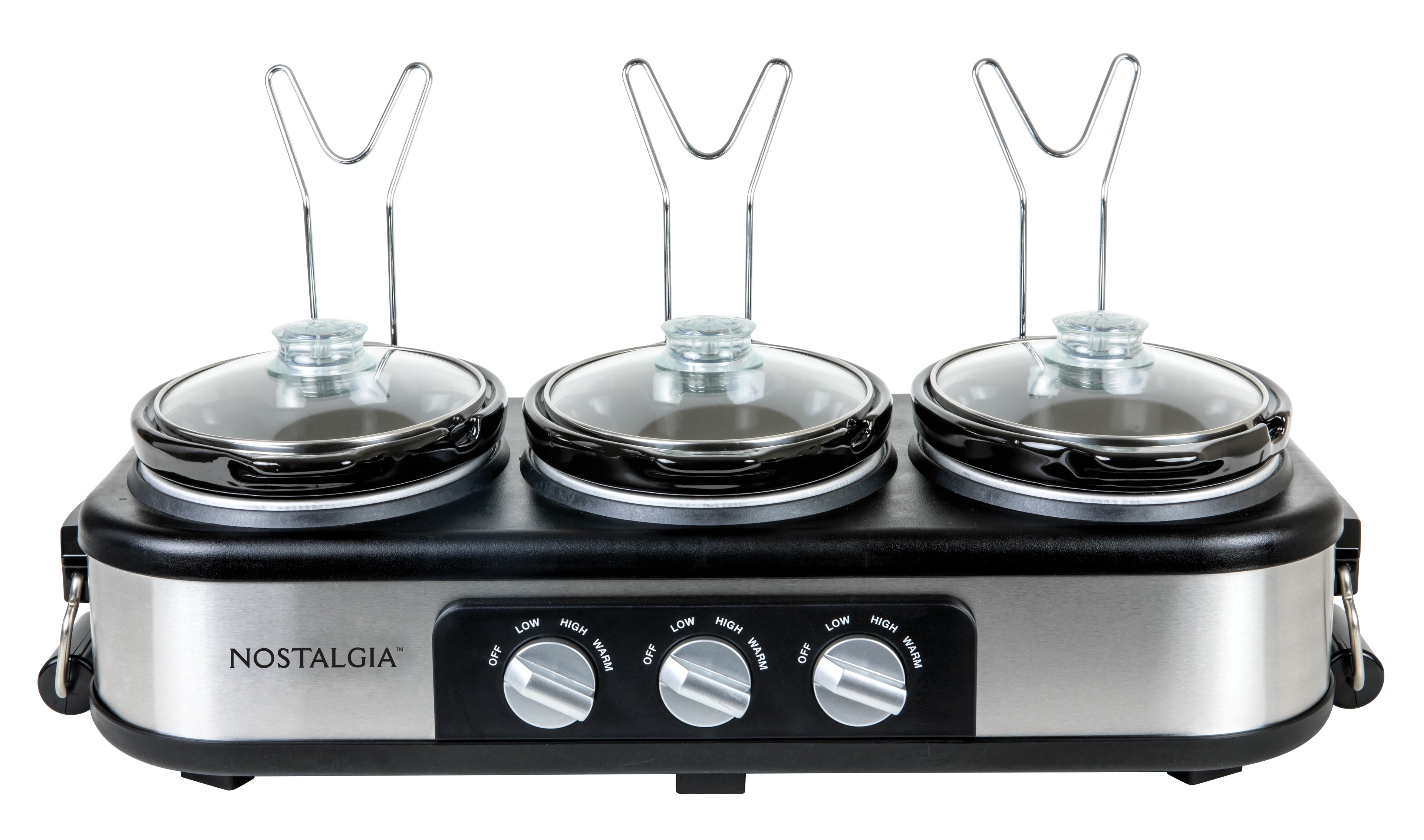 Nostalgia 1.5 qt Triple Slow Cooker - 3 Crock Pot Buffet Server with Removable Ceramic Pots, Stainless Steel