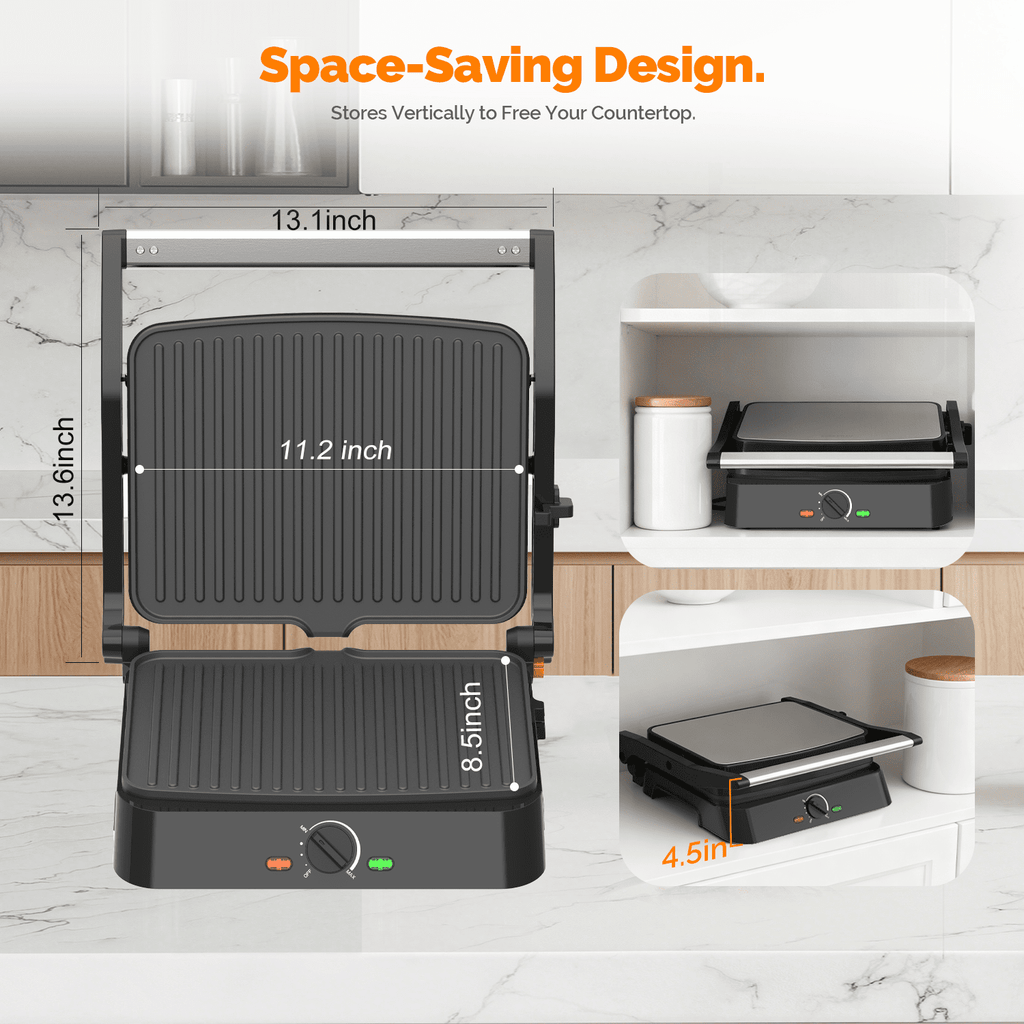 MIRASTON Electric Panini Press Grill - 3-in-1 Sandwich Maker with Non-Stick Plates, 180° Flat Open, Dishwasher Safe, Silver