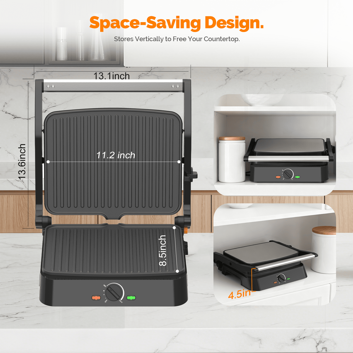 MIRASTON Electric Panini Press Grill - 3-in-1 Sandwich Maker with Non-Stick Plates, 180° Flat Open, Dishwasher Safe, Silver