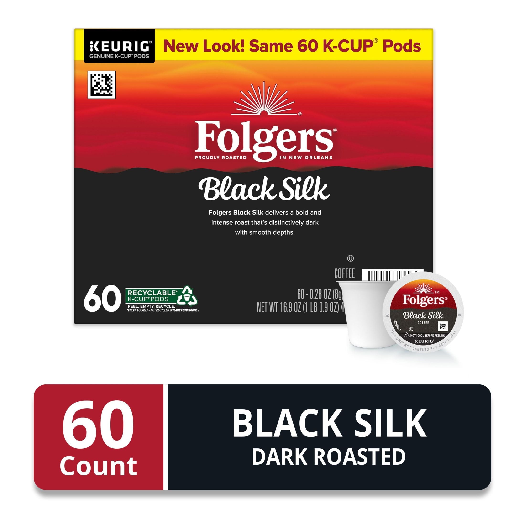 Folgers Black Silk - Dark Roast Coffee, Keurig K Cup Pods, 60 Count Box