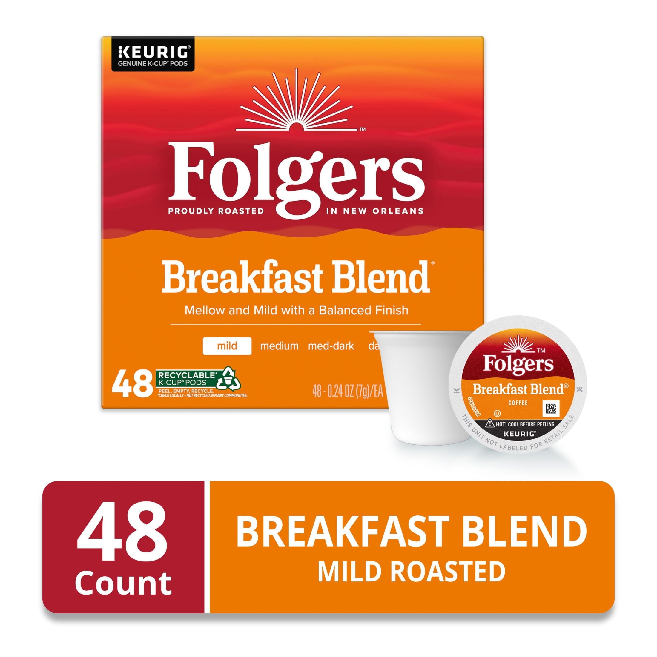 Folgers Breakfast Blend - Mild Roast Coffee, Keurig K Cup Pods, 48 Count Box