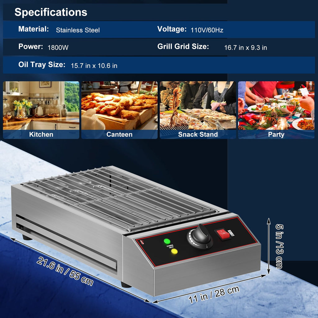 1800W Electric Indoor Grill - Portable Smokeless BBQ Countertop Grill with Removable Griddle - Stainless Steel for Home, Camping, Parties & Picnics