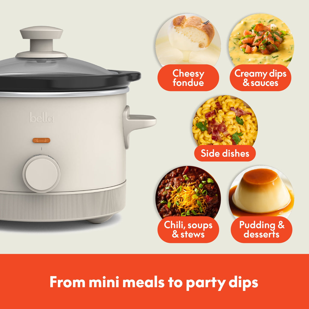bella 1.5 Qt Manual Slow Cooker with 3 Heat Settings - Ceramic Nonstick Coating, Dishwasher Safe Pot & Tempered Glass Lid, Oatmilk