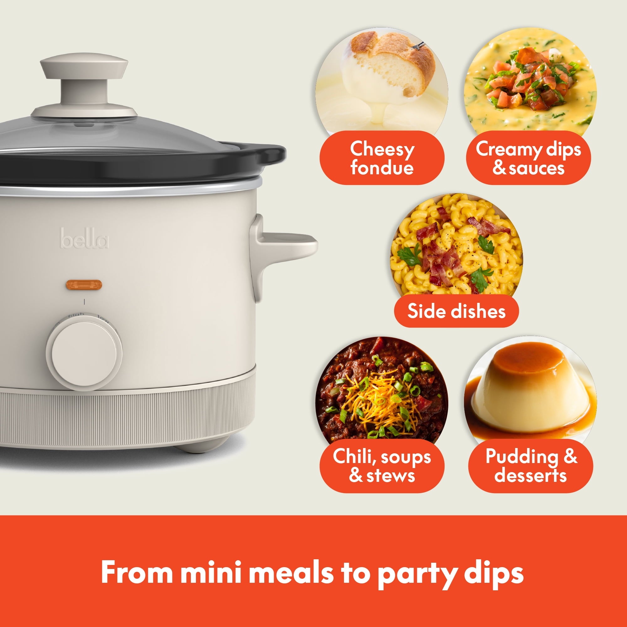 bella 1.5 Qt Manual Slow Cooker with 3 Heat Settings - Ceramic Nonstick Coating, Dishwasher Safe Pot & Tempered Glass Lid, Oatmilk