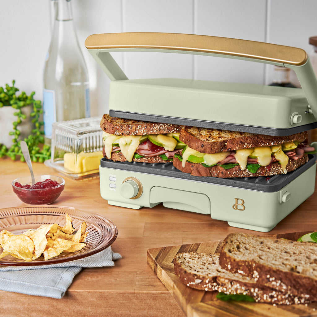 Beautiful 2-in-1 Panini Press & Grill with Detachable Plates - Sage Green by Drew Barrymore