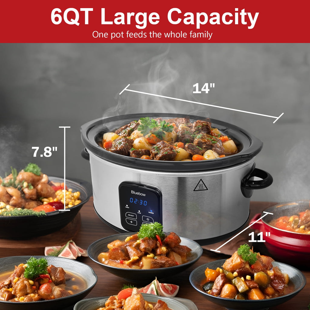 Bluebow 6QT Slow Cooker - Stoneware Crock with Removable Pot, 3 Heat Settings, Non-Stick & Auto Keep Warm, Stainless Steel