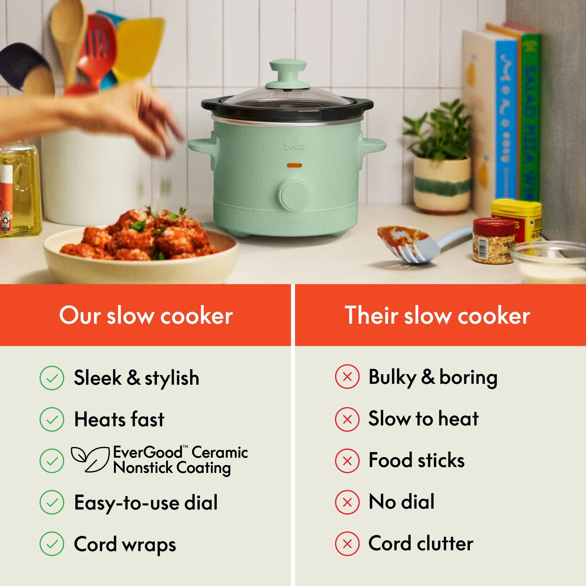 bella 1.5 Qt Manual Slow Cooker with 3 Heat Settings - Ceramic Nonstick Coating, Dishwasher Safe Pot & Tempered Glass Lid, Seaglass