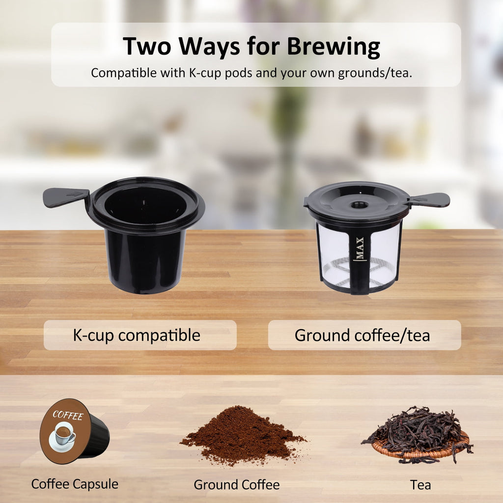 2 in 1 Single Serve Coffee Maker for K Cup Pods & Ground Coffee - Mini K Cup Coffee Machine with 6 to 14 oz Brew Sizes, Single Cup Coffee Brewer with One-Press Fast Brewing, Reusable Filters, Red