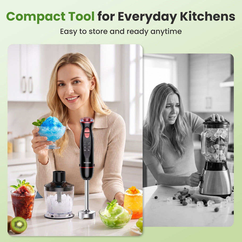 VAVSEA Immersion Blender - 1100W 5-in-1 Hand Blender, 24-Speed Stick Blender for Small Kitchen, Splash-Resistant Handheld Blender Mixer with Turbo Mode for Smoothies, Baby Food, Black