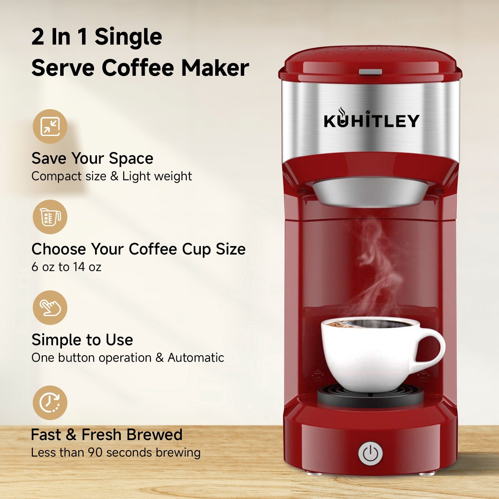 MINI Single Serve Coffee Maker - Instant Coffee Maker One Cup for K Cup & Ground Coffee, Portable Capsule Coffee Machine with 6 to 14oz Reservoir, 90 Seconds Fast Brewing and One Button Operation