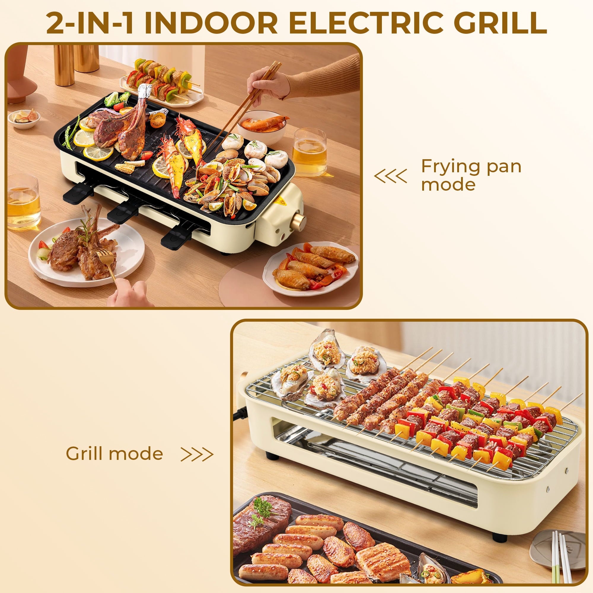 SUSLAS Electric Indoor Grill & Griddle - 1500W Smokeless Design with 3 Removable Nonstick Plates, Dishwasher Safe, Adjustable Temperature Control for Indoor Cooking(beige)