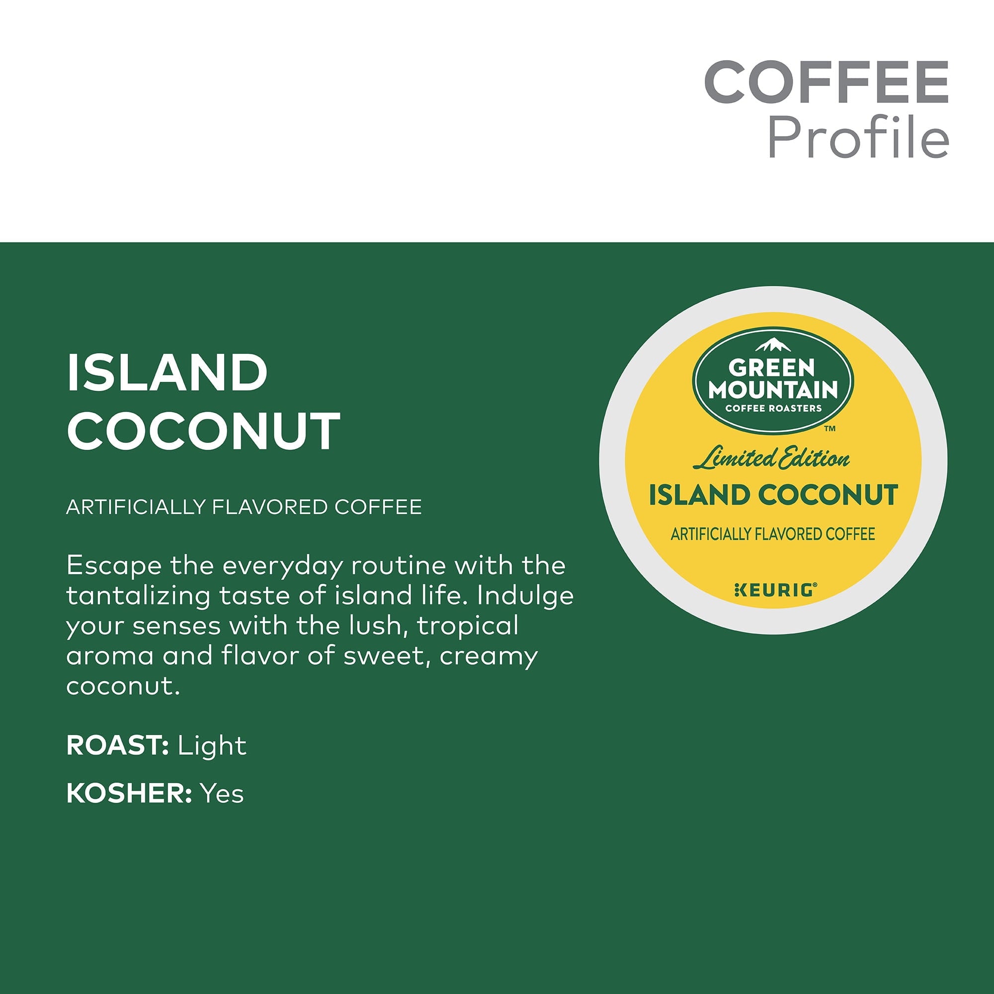 Green Mountain Coffee Island Coconut - K-Cup Pods, Light Roast, 24 Count For Keurig Brewers