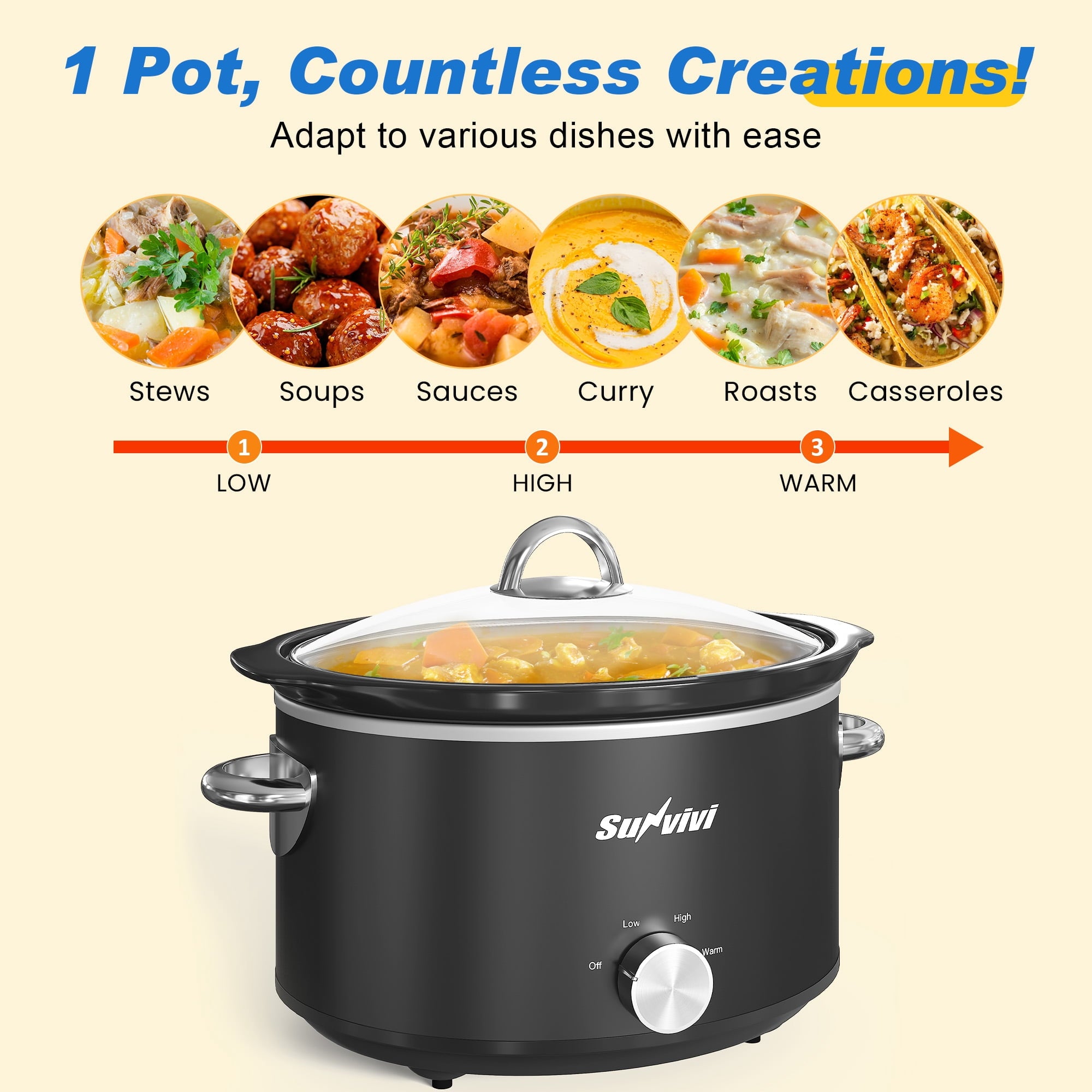 SUNVIVI Small Slow Cooker 4QT - Mini Food Warmer with 3 Heating Settings, Removable Ceramic Pot, Dishwasher Safe Glass Lid, Stainless Steel