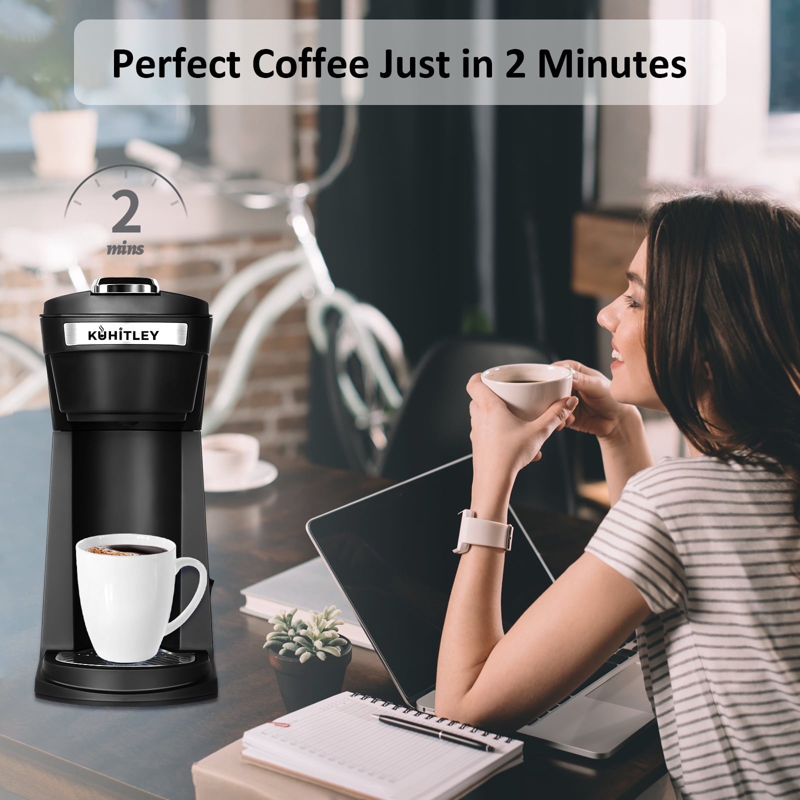 2 in 1 Single Serve Coffee Maker for K Cup Pods & Ground Coffee - Mini K Cup Coffee Machine with 6 to 14 oz Brew Sizes, Single Cup Coffee Brewer with One-Press Fast Brewing, Reusable Filters, Black