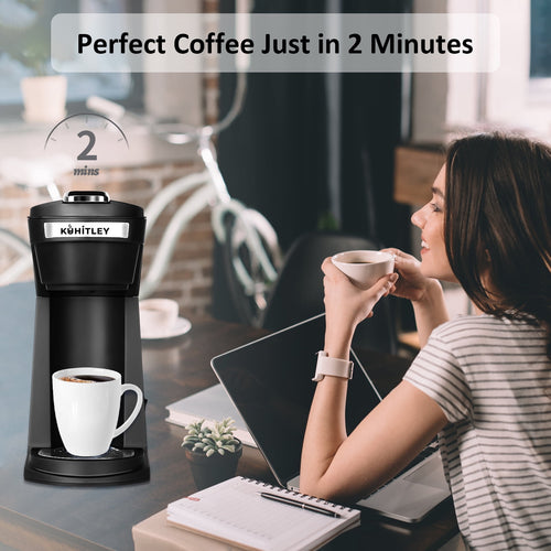 2 in 1 Single Serve Coffee Maker for K Cup Pods & Ground Coffee - Mini K Cup Coffee Machine with 6 to 14 oz Brew Sizes, Single Cup Coffee Brewer with One-Press Fast Brewing, Reusable Filters, Black