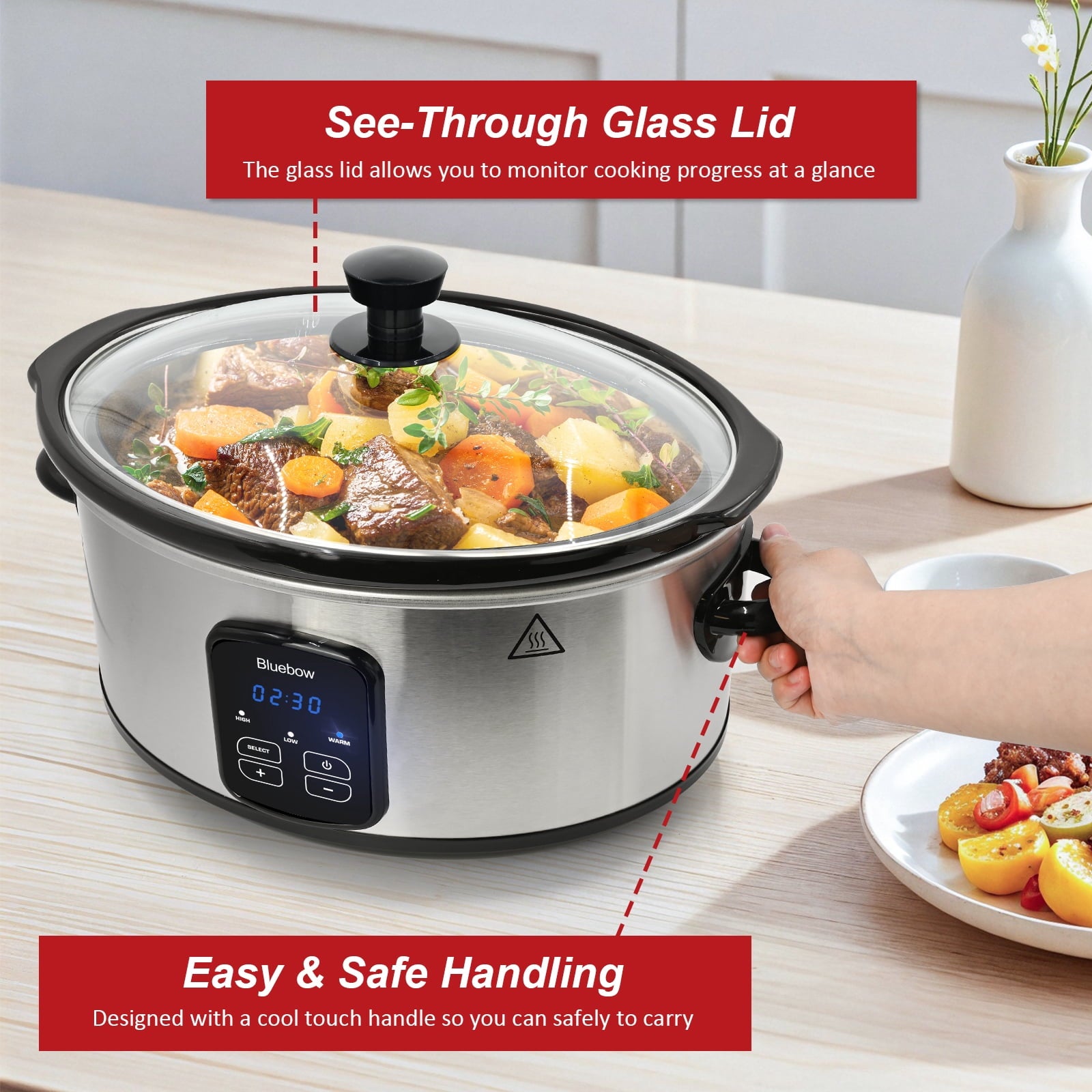 Bluebow 6QT Slow Cooker - Stoneware Crock with Removable Pot, 3 Heat Settings, Non-Stick & Auto Keep Warm, Stainless Steel