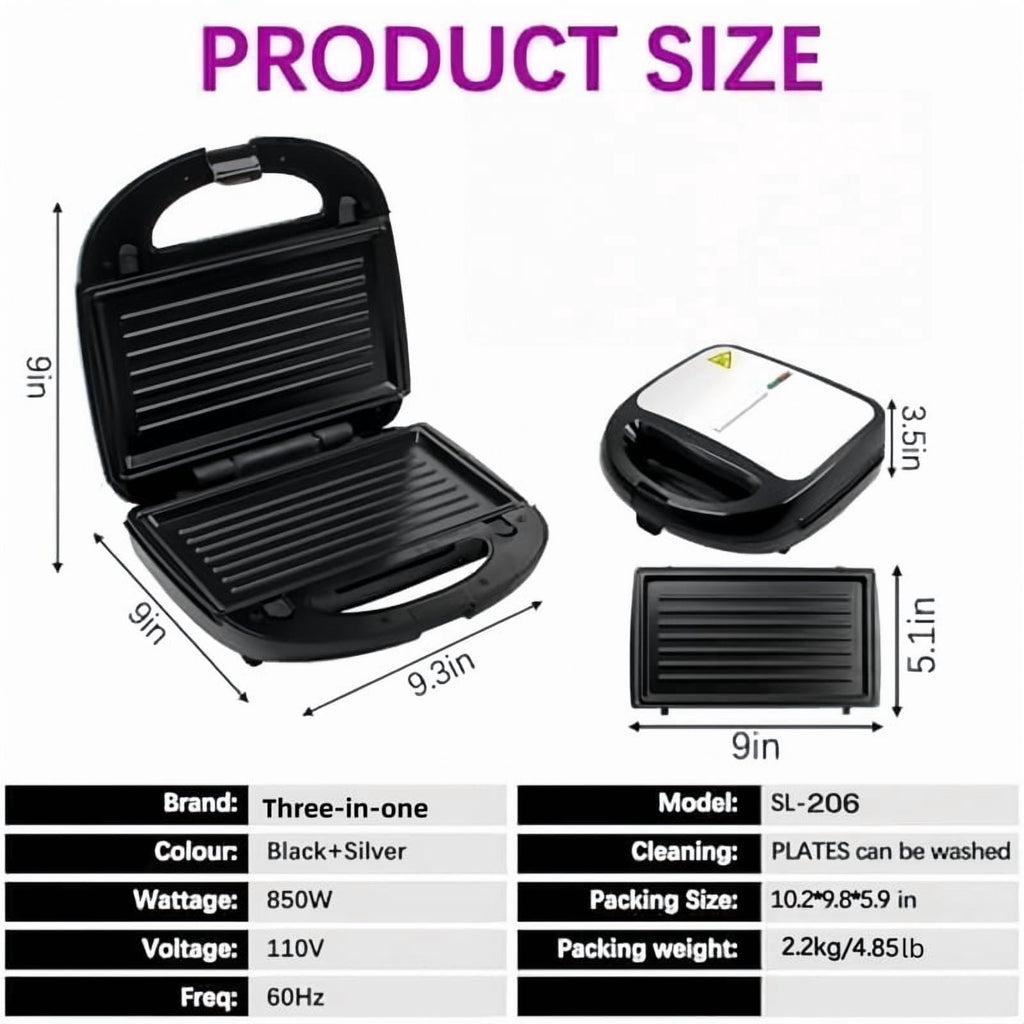 Electric Panini Press Sandwich Maker Indoor Grill - 3-in-1 - Stainless Steel