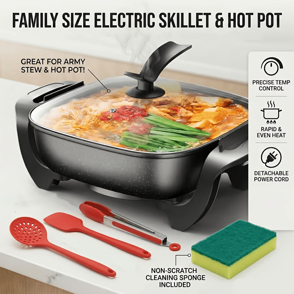 NKMY Kitchen Multi-Cooker: Non-stick - Adjustable Temp Electric Skillet. Fries, Stews, Steams. Fast Heat, Easy Clean. Ideal For Family Meals & Parties.