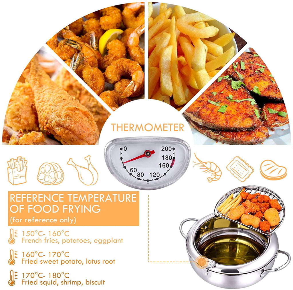 ZLF Deep Fryer Pot - 304 Stainless Steel Frying Pot with Oil Drain, Temperature Control and Lid, Tempura Deep Fryer Pot for Kitchen Stove/Induction Cooker French Fries Fryer 9.4"