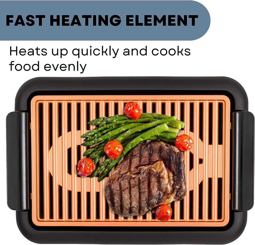 OVENTE Electric Indoor Grill - 15x10 Inch Non-Stick Plate, Copper GD1510NLCO - 1200W Fast Heat Up Power, Adjustable Temperature, Removable and Dishwasher Safe Grilling and Drip Tray