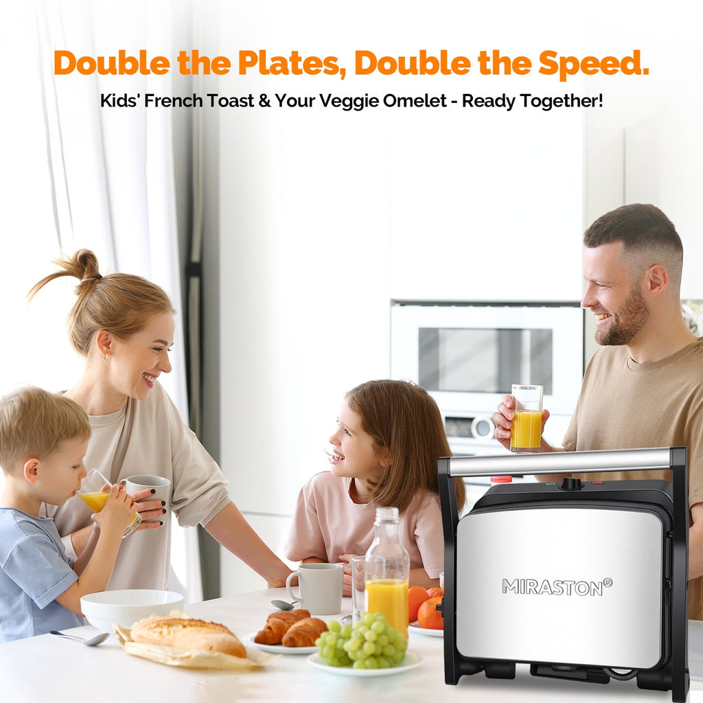 MIRASTON Electric Panini Press Grill - 3-in-1 Sandwich Maker with Non-Stick Plates, 180° Flat Open, Dishwasher Safe, Silver