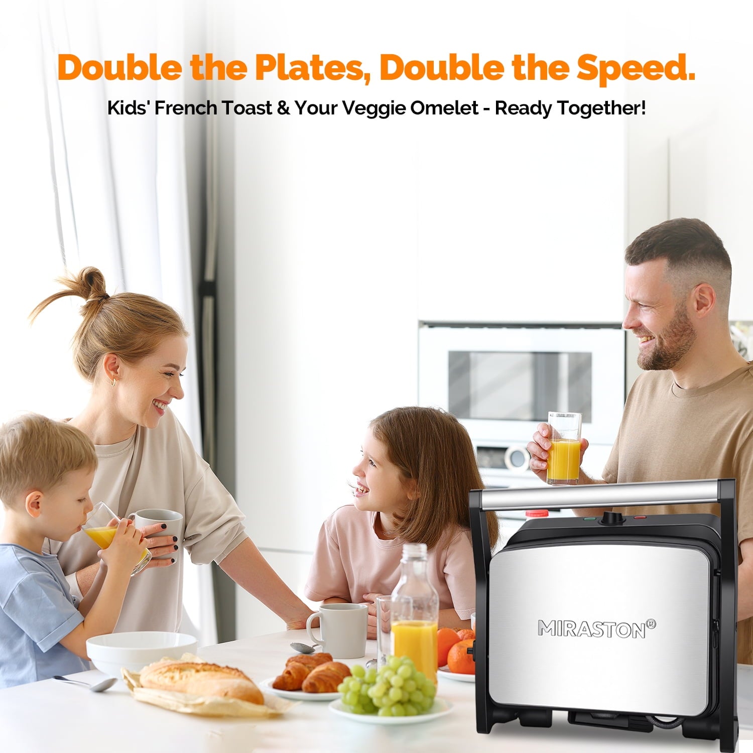 MIRASTON Electric Panini Press Grill - 3-in-1 Sandwich Maker with Non-Stick Plates, 180° Flat Open, Dishwasher Safe, Silver