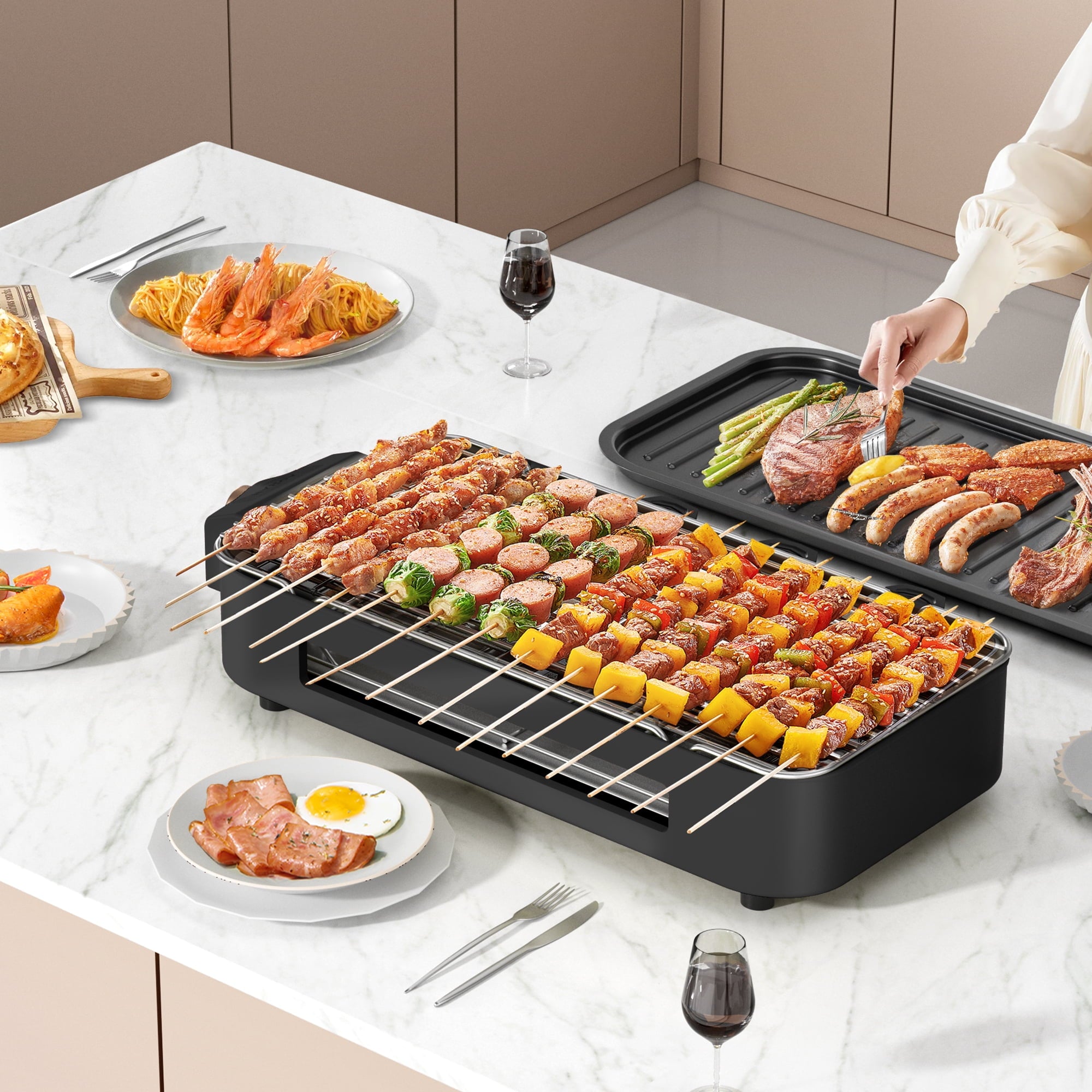AORAN Indoor Grills Electric Smokeless - Versatile Double-layer Indoor Electric Griddles, 1500W Smokeless Grill Skillet Griddles for Home Cooking Black