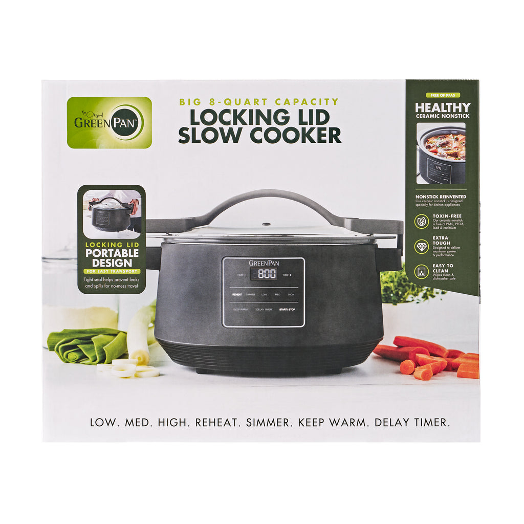 GreenPan 8 Quart Locking Lid Slow Cooker - Healthy Ceramic Nonstick, Graphite