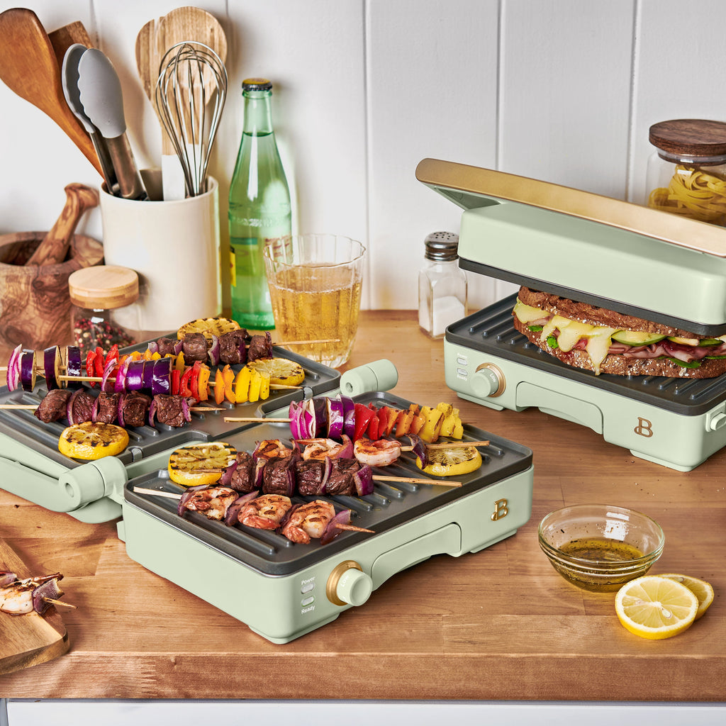 Beautiful 2-in-1 Panini Press & Grill with Detachable Plates - Sage Green by Drew Barrymore