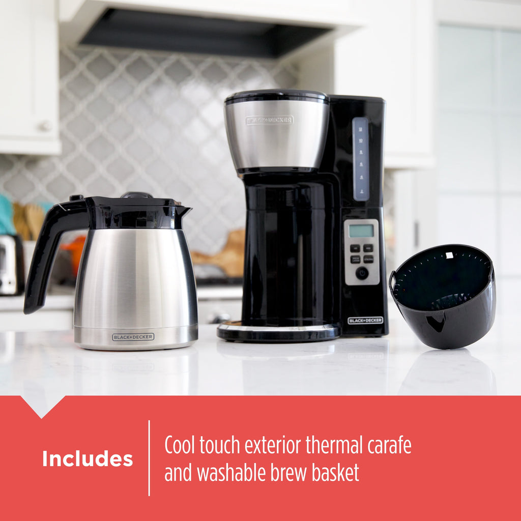 BLACK+DECKER 12 Cup Thermal Programmable Coffee Maker with Brew Strength and VORTEX Technology - Black/Steel