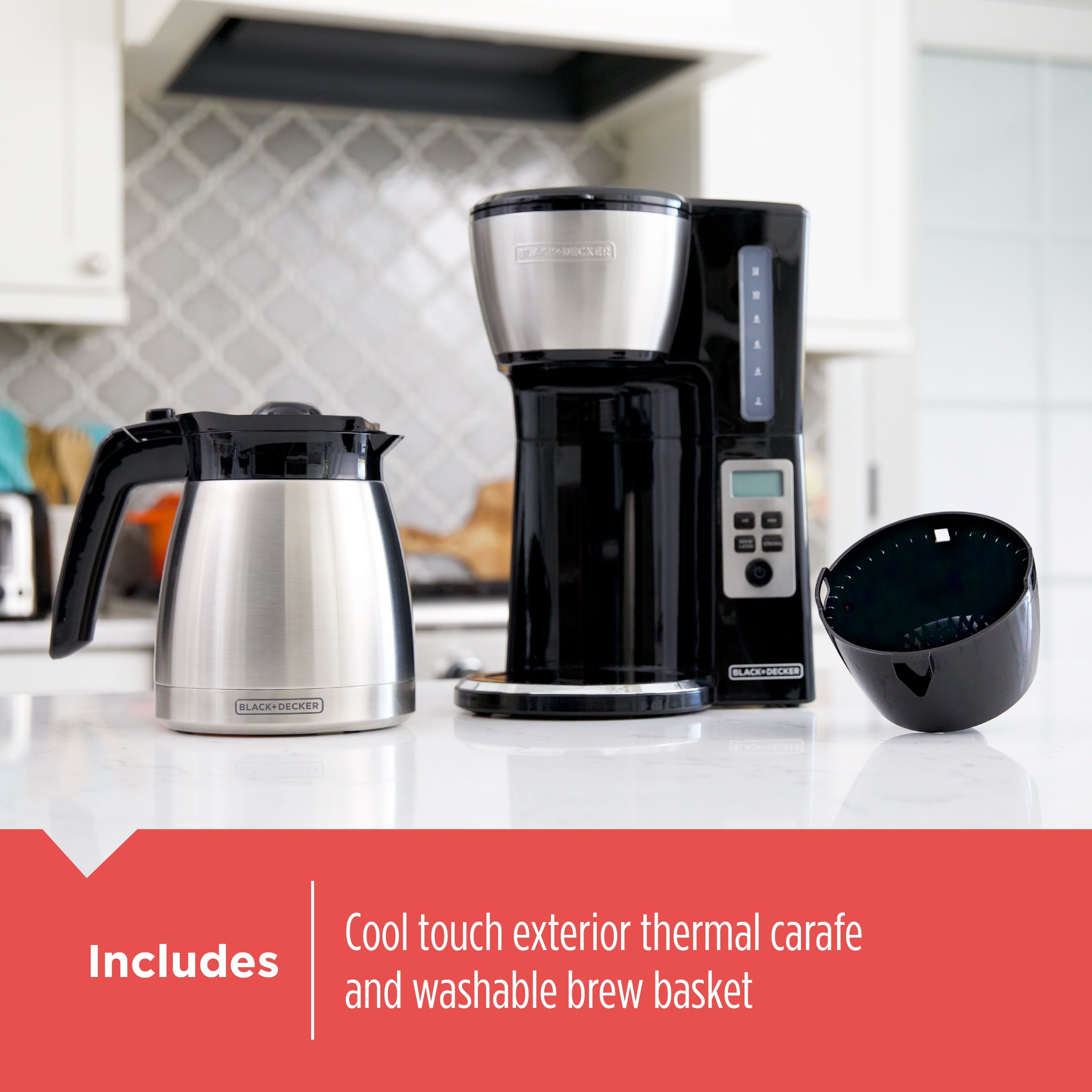 BLACK+DECKER 12 Cup Thermal Programmable Coffee Maker with Brew Strength and VORTEX Technology - Black/Steel