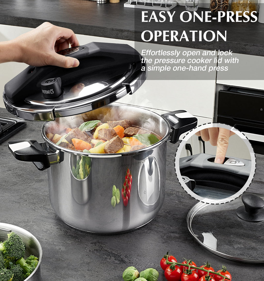 Koch Systeme CS 8.5-Quart Stainless Steel Pressure Cooker - 3-in-1 Olla de Presion, One-Hand Locking, Induction Pressure Cooker, Glass Lid & Steamer