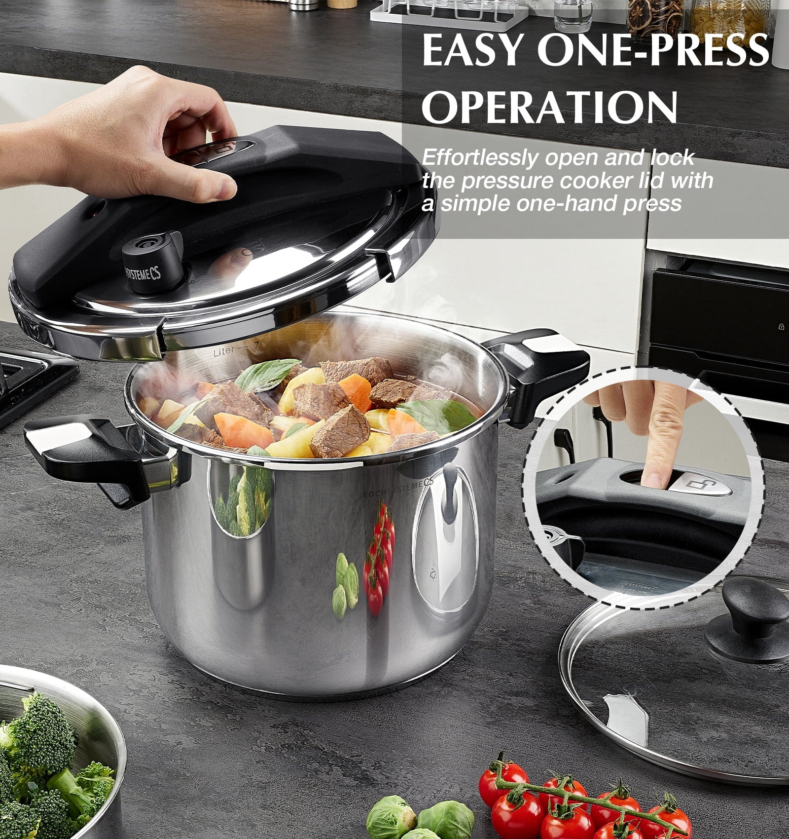 Koch Systeme CS 8.5-Quart Stainless Steel Pressure Cooker - 3-in-1 Olla de Presion, One-Hand Locking, Induction Pressure Cooker, Glass Lid & Steamer
