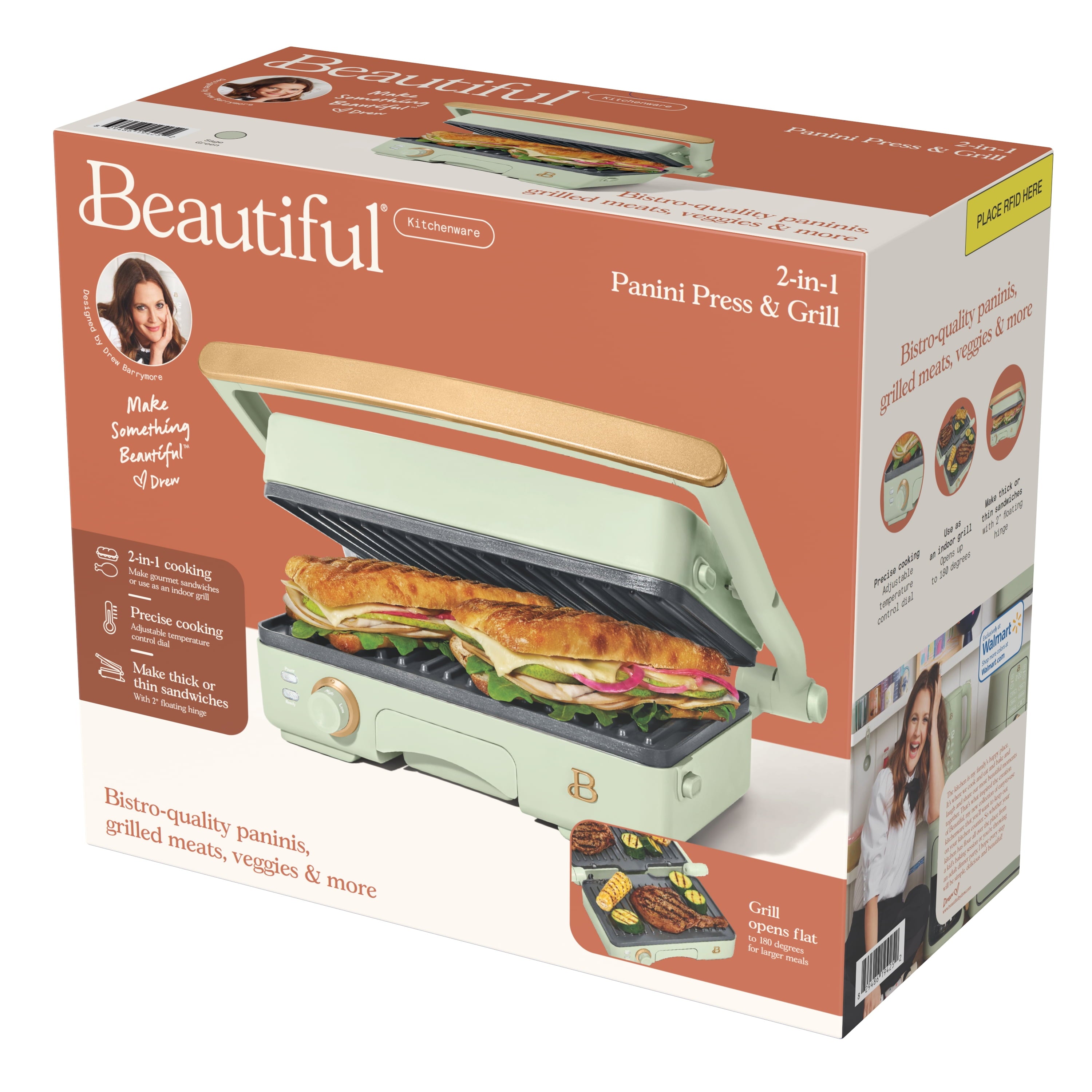 Beautiful 2-in-1 Panini Press & Grill with Detachable Plates - Sage Green by Drew Barrymore