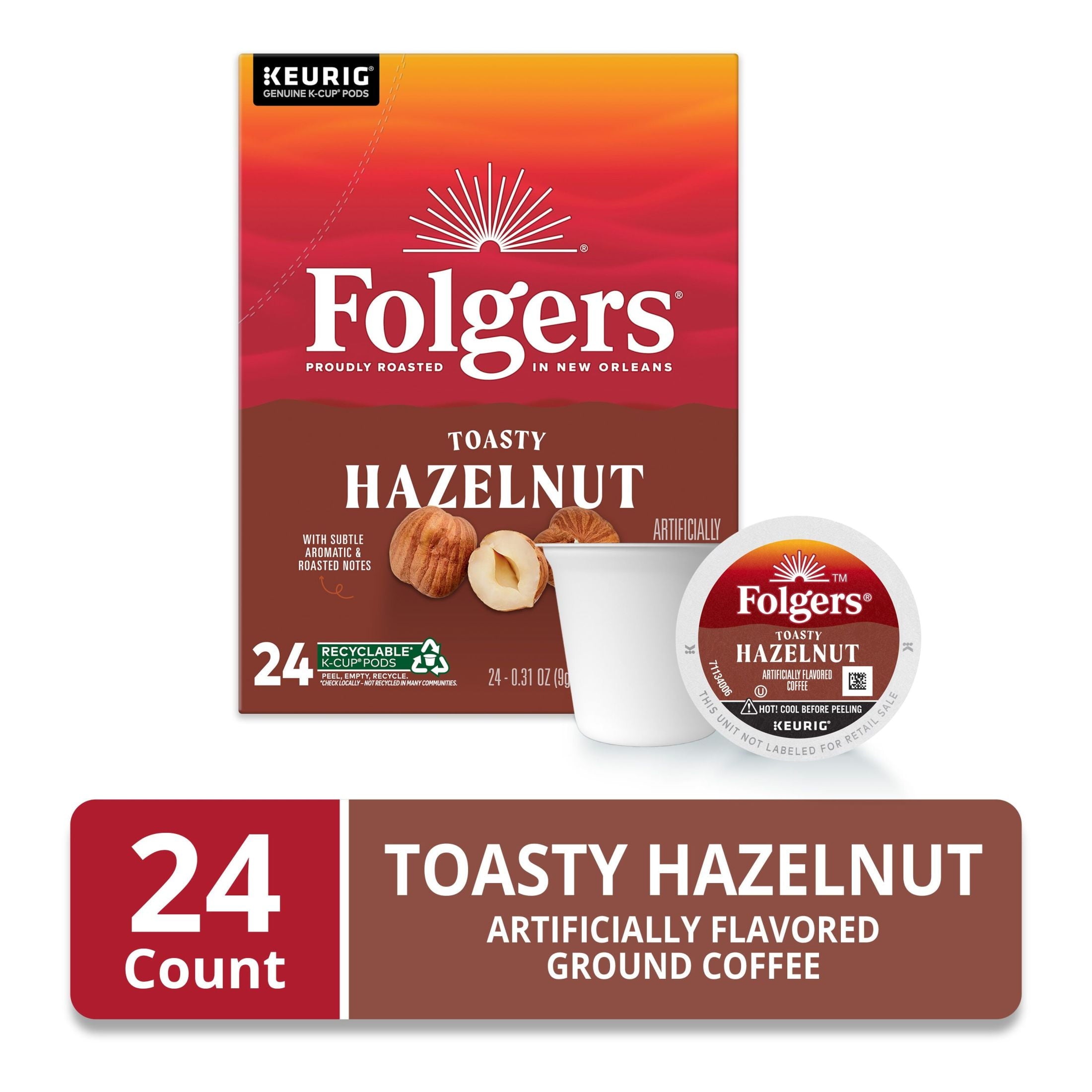 Folgers Toasty Hazelnut Artificially Flavored Coffee - Keurig K Cups, 24 Count Box