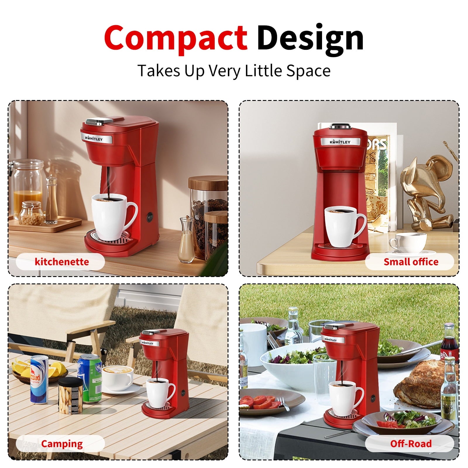2 in 1 Single Serve Coffee Maker for K Cup Pods & Ground Coffee - Mini K Cup Coffee Machine with 6 to 14 oz Brew Sizes, Single Cup Coffee Brewer with One-Press Fast Brewing, Reusable Filters, Red