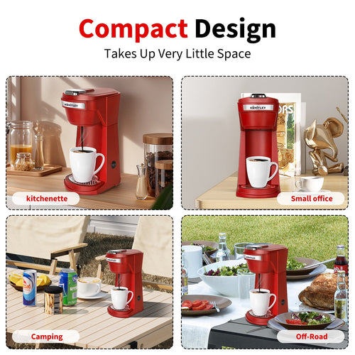 2 in 1 Single Serve Coffee Maker for K Cup Pods & Ground Coffee - Mini K Cup Coffee Machine with 6 to 14 oz Brew Sizes, Single Cup Coffee Brewer with One-Press Fast Brewing, Reusable Filters, Red