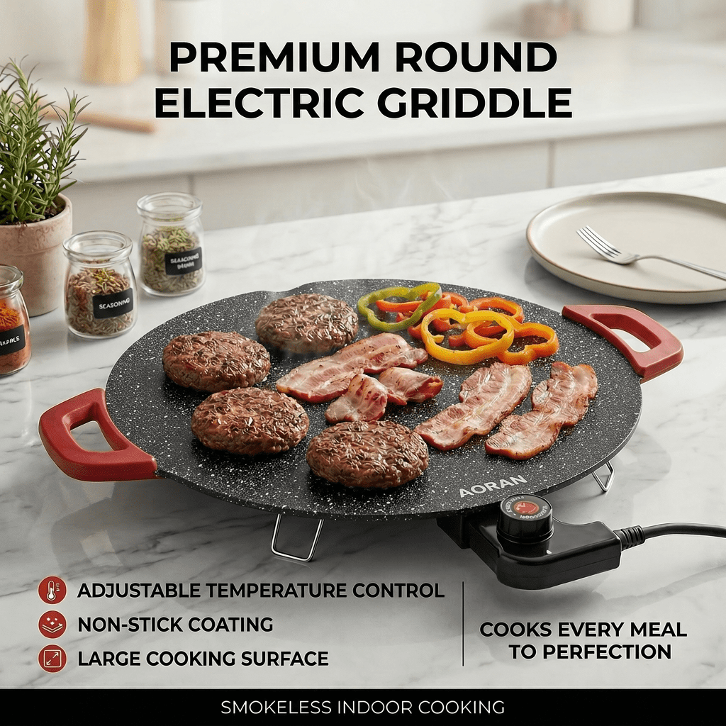 AORAN KITCHEN Indoor Electric Grills - 16in Nonstick Smokeless Griddle for Use, Compact & Versatile Cooking for Steaks, Pancakes, and BBQ