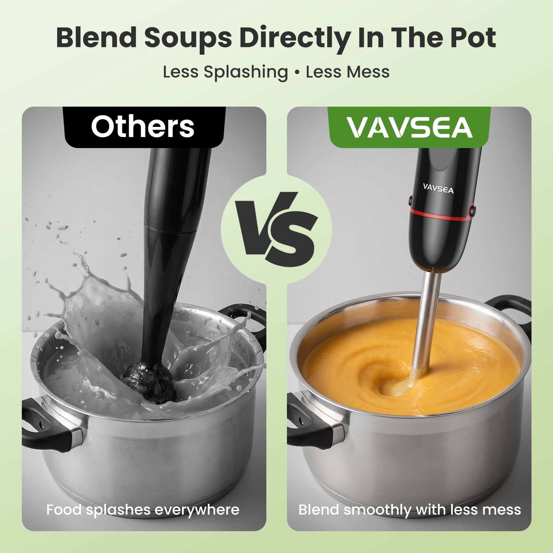 VAVSEA Immersion Blender - 1100W 5-in-1 Hand Blender, 24-Speed Stick Blender for Small Kitchen, Splash-Resistant Handheld Blender Mixer with Turbo Mode for Smoothies, Baby Food, Black