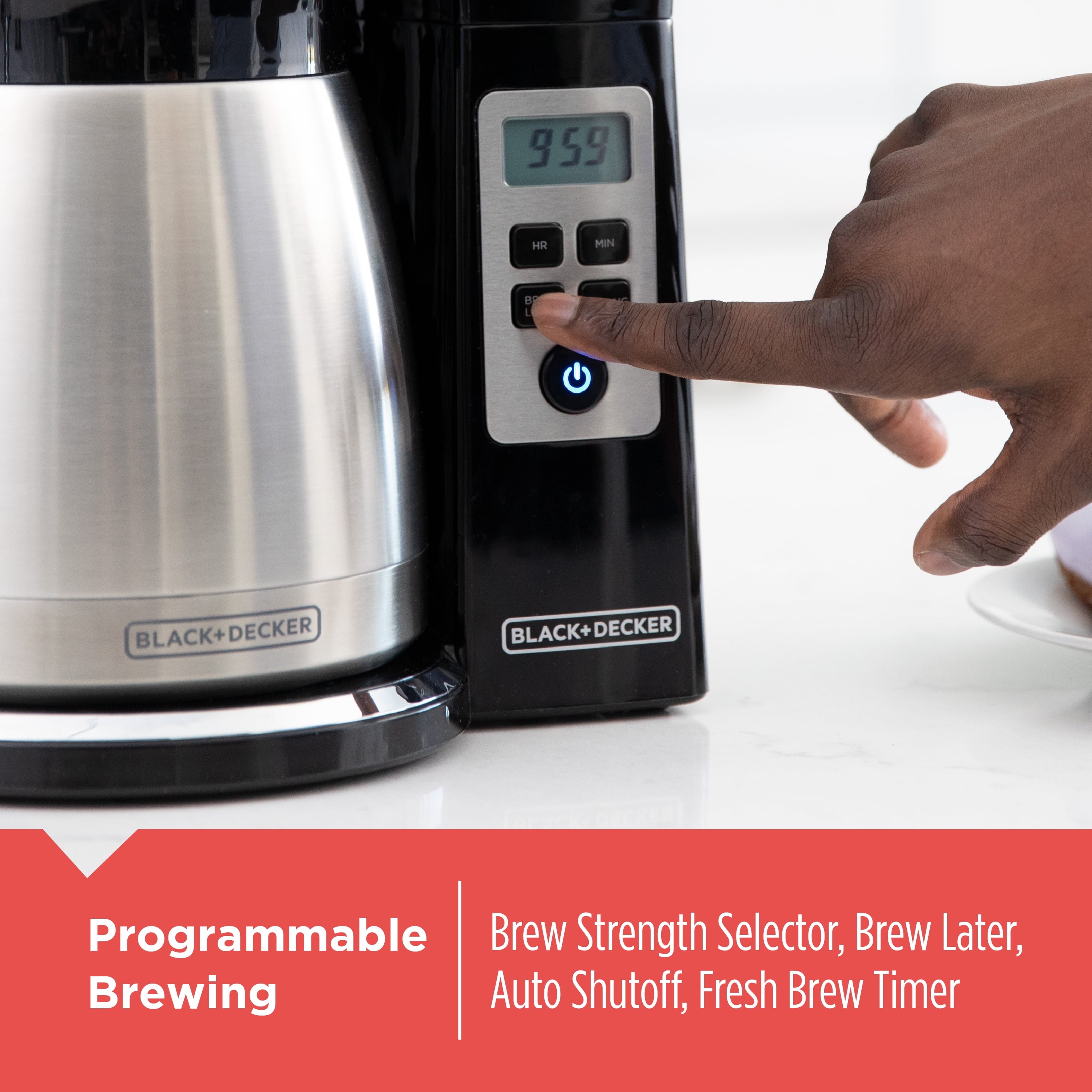 BLACK+DECKER 12 Cup Thermal Programmable Coffee Maker with Brew Strength and VORTEX Technology - Black/Steel