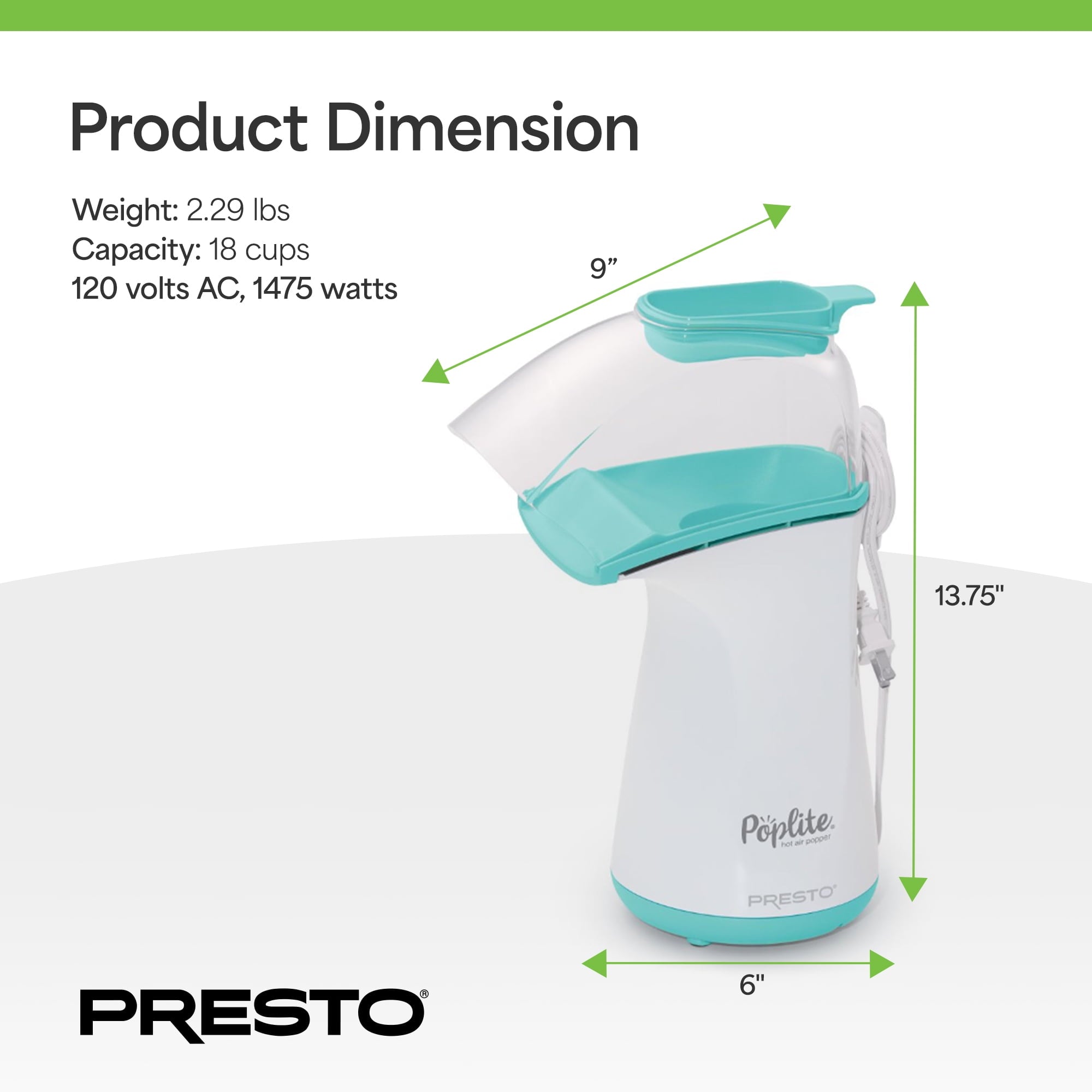 Presto 04869 PopLite Hot Air Popper Popcorn Maker for Home Kitchen - 18 Cups, Aqua/White