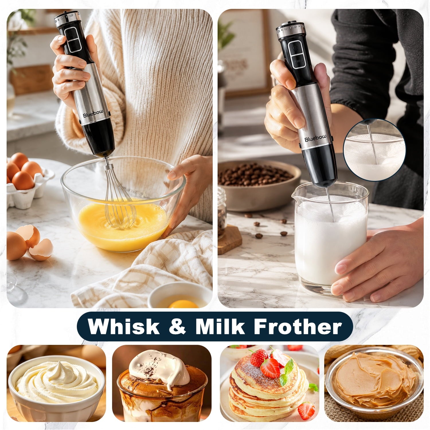 Bluebow Immersion Blender Handheld - 1100W 25 Speed 5-in-1 Stainless Steel Hand Blender with Turbo Mode, Scratch-Resistant Stick Blender for Kitchen Use, Purees Soups Smoothies, Black