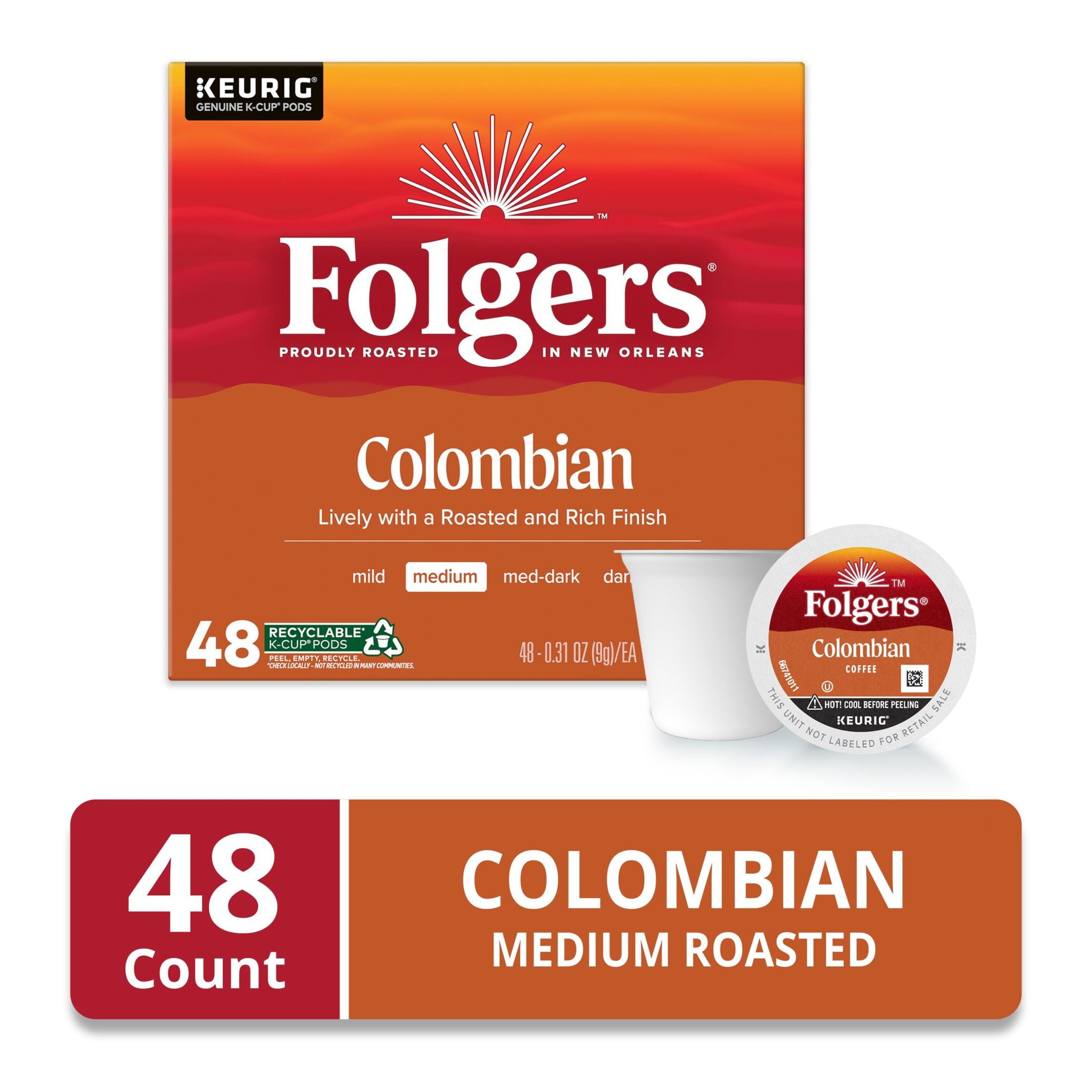 Folgers Colombian Coffee - Medium Roast, Keurig K Cup Pods, 48 count Box