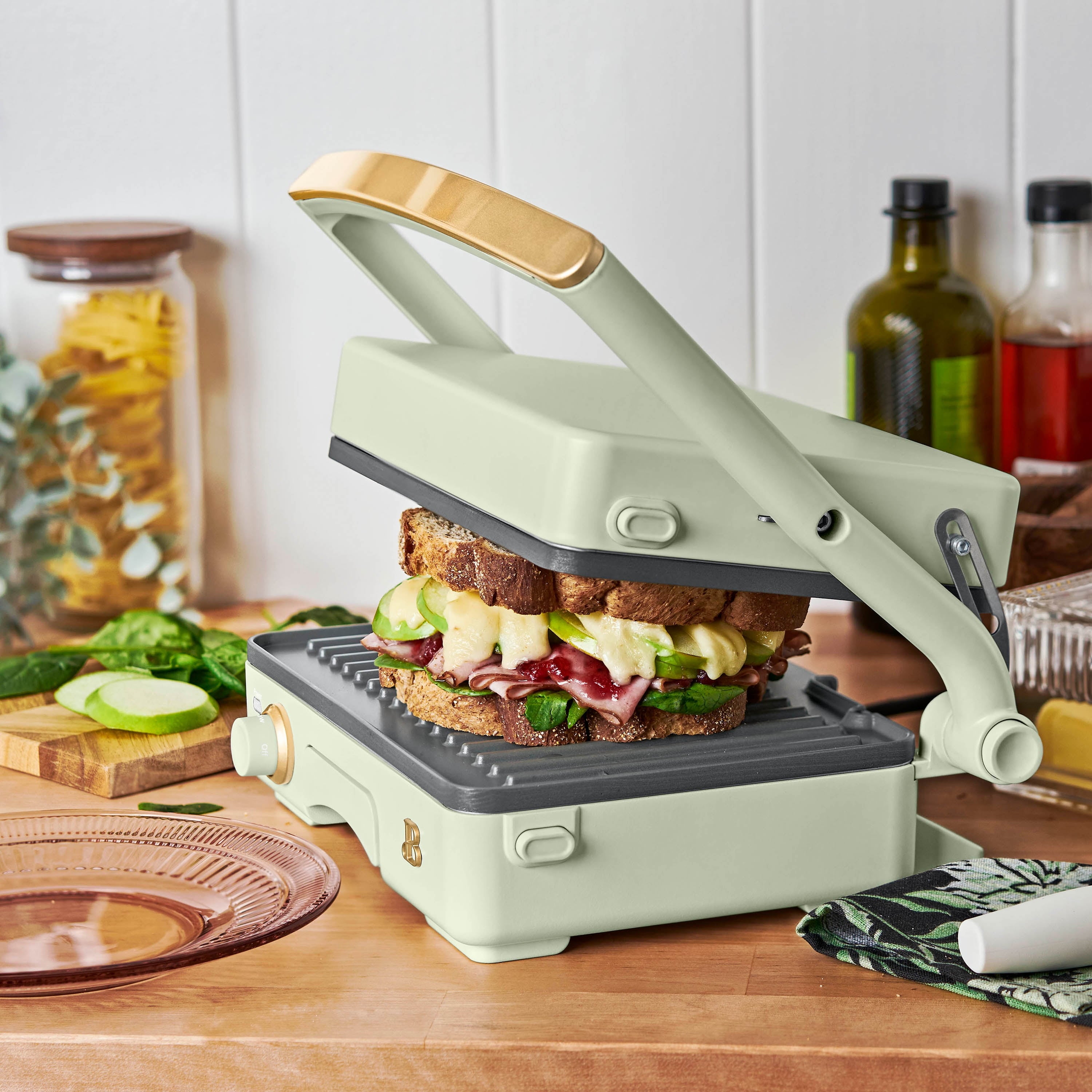 Beautiful 2-in-1 Panini Press & Grill with Detachable Plates - Sage Green by Drew Barrymore