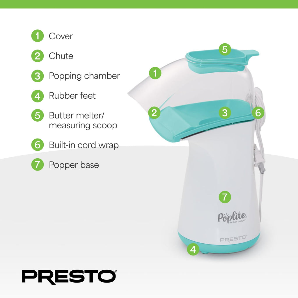 Presto 04869 PopLite Hot Air Popper Popcorn Maker for Home Kitchen - 18 Cups, Aqua/White